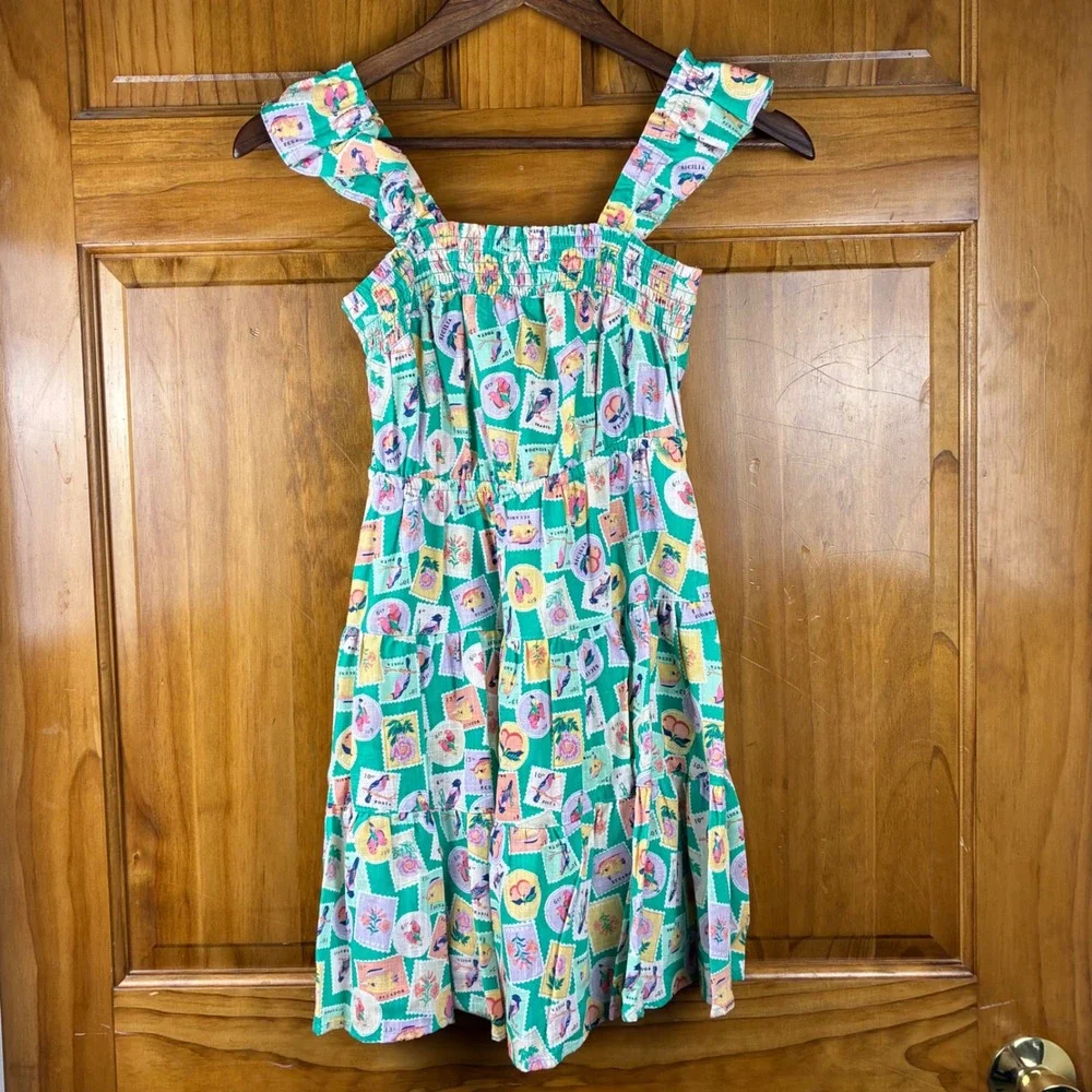 Copper Key Girls Med 10/12 Green Postage Stamp Smocked Tiered Dress Linen Blend